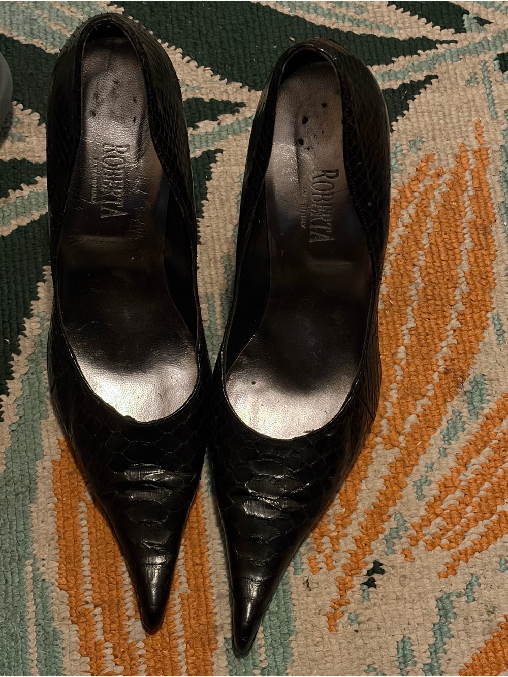Roberta Sz 40 EU Pointed Toe Black Leather Croc Pumps Made In Italy - Picture 7 of 11